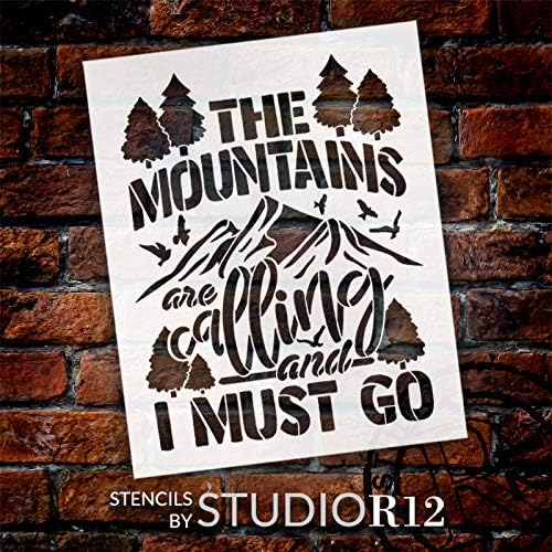 הרים קוראים אני חייב ללכת לסטנסיל מאת Studior12 | DIY CAMPER & CARD DECER | צייר שלטי עץ הרפתקאות חיצוניות | בחר